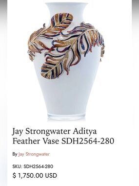 Jay Strongwater White Vase with Gold and Multicolor Feather Appliqués